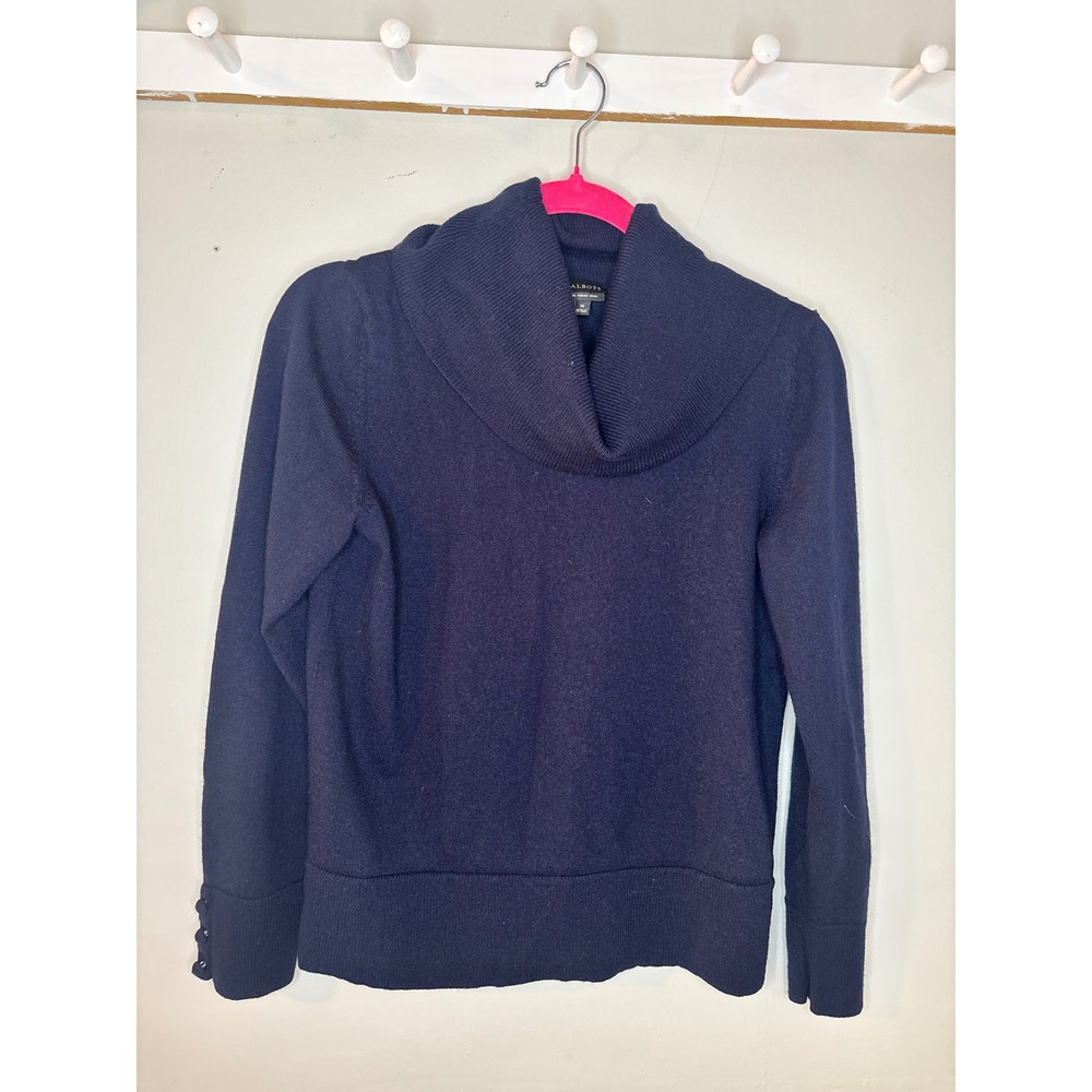 Talbots Merino Wool Cowl Neck Sweater Navy Blue Classic Womens M